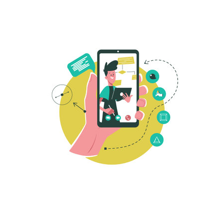 Teacher give new information online. Learn from smartphone screen flat style. Online education, learn from home, new knowledge concept.のイラスト素材