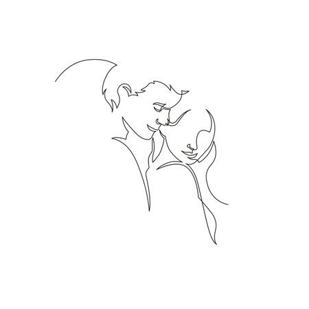 Continuous line drawing of a young couple who are hugging.のイラスト素材