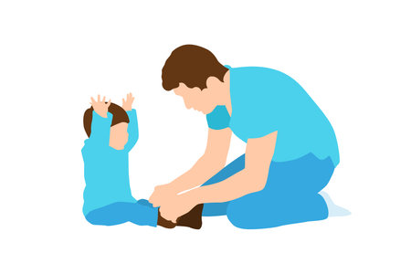 Father tightening shoes to son illustration minimalism drawing.のイラスト素材