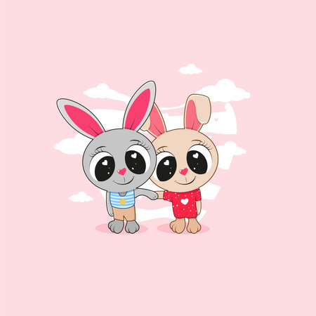 Two cute cartoon rabbits are holding hands.のイラスト素材