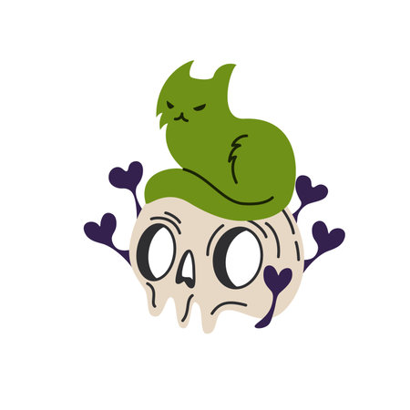 Skull and cat for Halloween greeting card and poster, party sign. Concept illustration with sign and symbol. Flat design cartoon element.のイラスト素材