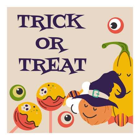Halloween greeting card and poster, party sign. Concept illustration with sign and symbol. Flat design cartoon element.のイラスト素材