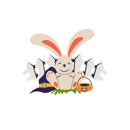 Hare sits near a fence in a Halloween costume.. Concept illustration with Sign and symbol. Flat design cartoon element.のイラスト素材