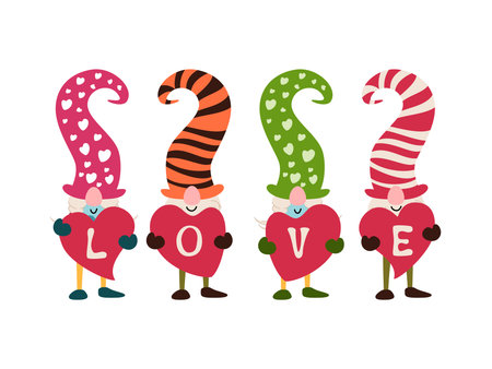 Text LOVE with Gnomes with heart. Perfect for sticker kit, scrapbooking, party invitation, gift tag. Editable stroke.のイラスト素材