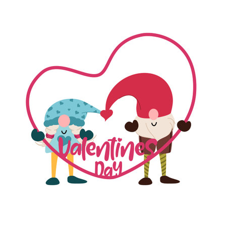 Two gnomes are holding a big heart. Perfect for sticker kit, scrapbooking, party invitation. Editable stroke.のイラスト素材