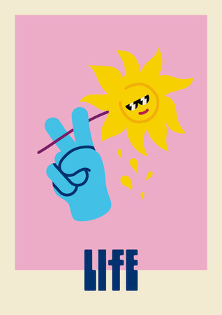 Hippie sun, 70's retro print. illustration for tee, t shirt and sticker - poster design. Funky character sun concept.のイラスト素材