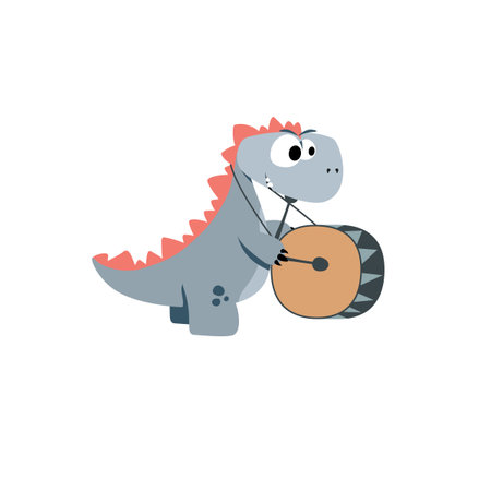 Adorable hand drawn childish dinosaur characters playing the drum.のイラスト素材