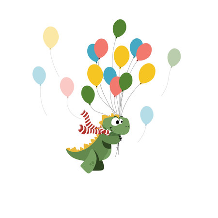 Cute dinosaur flying in a hot air balloon theme vector illustration for fashion artworks, children books, t-shirt prints. Adorable hand drawn childish dinosaur characters are flying in a hot air balloon.のイラスト素材