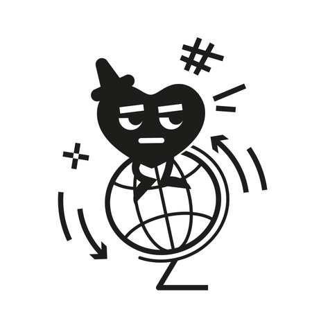 Romantic heart, composition of a cheerful heart sitting on a globe and thinking about travel. A loving heart for February 14, Valentine's Day and March 8. Postcard for the holiday.のイラスト素材