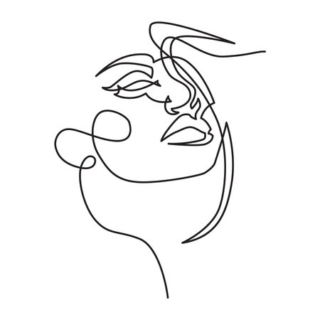 Continuous line or one line drawing of a woman's face with a hat.のイラスト素材