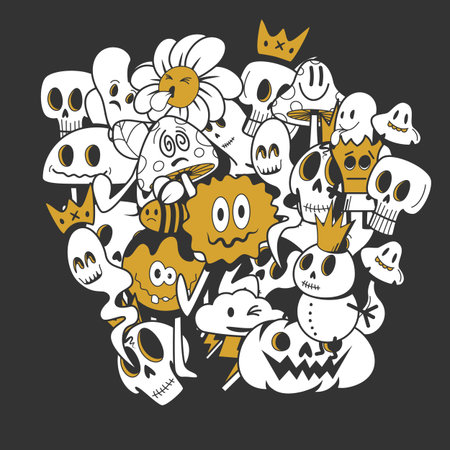 A unique doodle style illustration at the intersection of creepy and cute. The illustration is filled with original characters and thoughtful lines.のイラスト素材