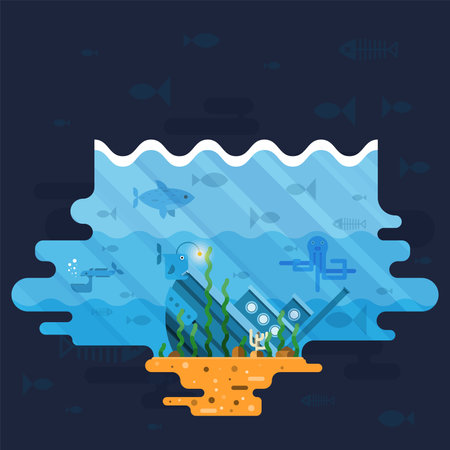 Diverse marine creatures swim around a sunken ship, with coral and aquatic plants surrounding the scene, creating a lively underwater environment filled with color.のイラスト素材