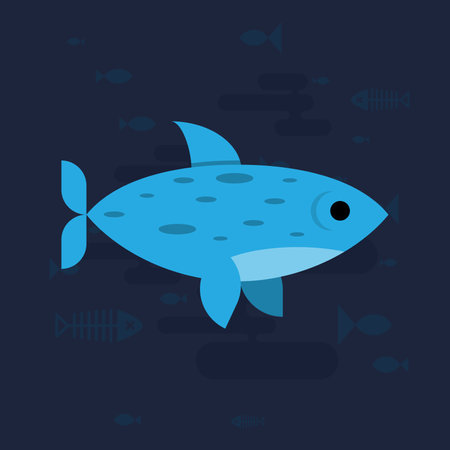 A vibrant blue fish glides through a deep blue underwater setting, surrounded by various smaller fish and aquatic life. The dark background highlights its colors.のイラスト素材