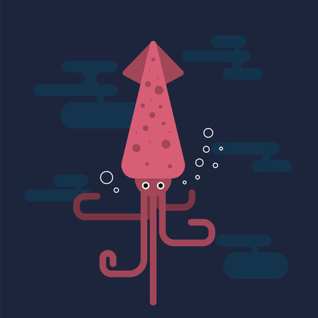 A vibrant squid glides gracefully through the deep sea, surrounded by bubbles and dark water. Its unique shape and color stand out against the underwater environment.のイラスト素材