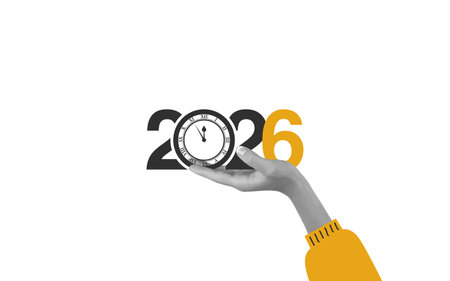 A hand holds a clock symbolizing the passage of time in 2026. The design combines elements of...