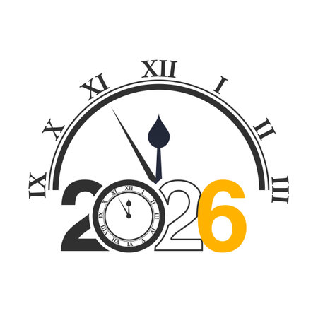 A clock design displays the year 2026 with bold numbers and Roman numerals for different hours. The clock hands point towards a specific time as the countdown begins.のイラスト素材