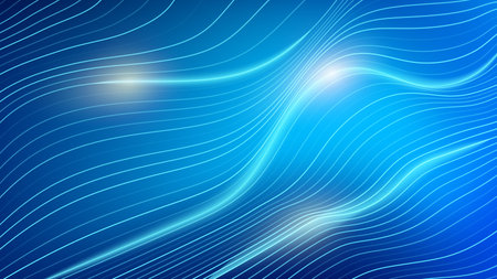 Flowing lines in various shades of blue create an abstract background that conveys movement and fluidity, ideal for digital design and technology themes.のイラスト素材