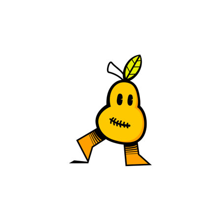 A cheerful cartoon pear character with a smiling face and legs, designed in bright yellow and orange colors. This playful illustration is perfect for children's products or educational materials.のイラスト素材