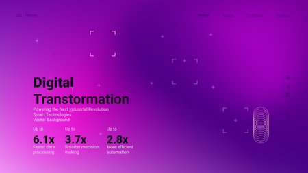Bright purple vector background showcases digital transformation concepts with impressive statistics for data processing and automation improvements for the next industrial revolution.のイラスト素材