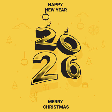 A festive vector greeting card design. Combines Merry Christmas and Happy New Year 2026 wishes in elegant typography. Perfect for holiday celebrations, winter greetings, and social media posts.のイラスト素材