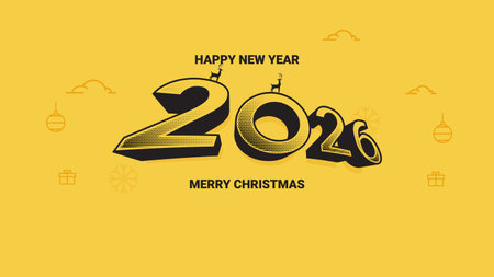A festive vector greeting card design. Combines Merry Christmas and Happy New Year 2026 wishes in elegant typography. Perfect for holiday celebrations, winter greetings, and social media posts.のイラスト素材