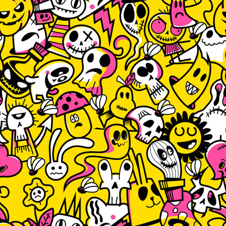 A vibrant array of whimsical skulls, monsters, and various cartoon characters fills the bright yellow background, showcasing fun designs in a lively composition.のイラスト素材