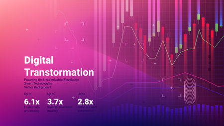 This graphic illustrates the concept of digital transformation with data charts, highlighting improvements in data processing, decision making, and overall efficiency in modern industries.のイラスト素材