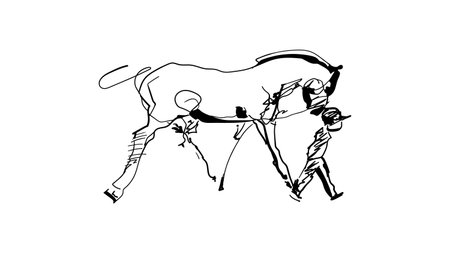 Expressive one line drawing of a man walking with a horse. Simple, elegant black and white illustration in minimal continuous line style.のイラスト素材