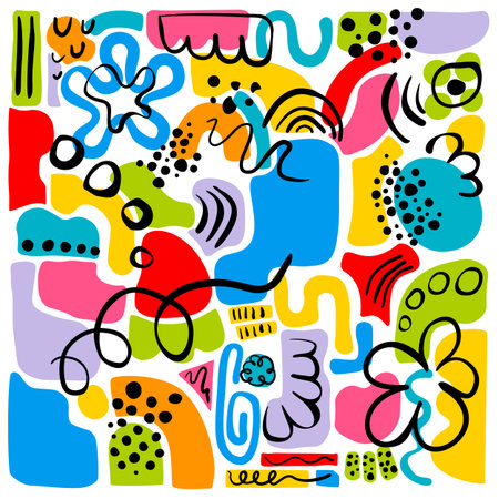 Vibrant abstract doodle composition with colorful geometric shapes, playful lines and organic elements. Modern artistic background for posters, textiles and creative branding.のイラスト素材