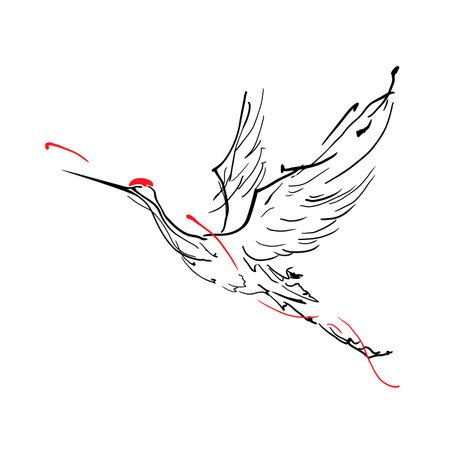 Elegant minimalist bird drawn with flowing black lines and red accents. Simple and graceful flying crane line art on white background.のイラスト素材