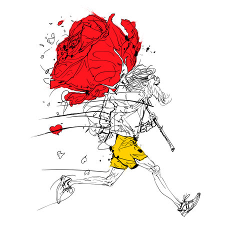 Expressive sketch of a running character carrying a large red rose. Dynamic movement, artistic ink lines, bold color accents and emotional storytelling.のイラスト素材
