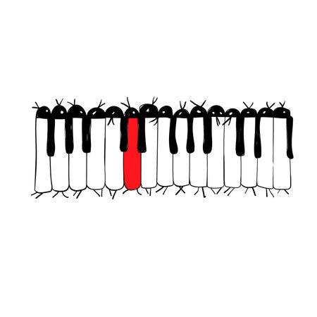 Funny hand-drawn piano keys stylized as penguins, with one red key. Cute and playful concept for posters, children's designs, music themes, and creative artwork.のイラスト素材