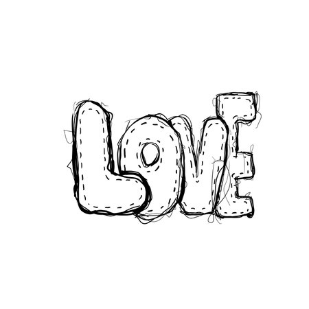 A design shows the word love outlined with a stitched effect. The letters are thick and rounded, featuring an artistic style. The background is plain and unmarked.のイラスト素材
