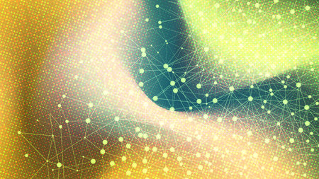 Abstract futuristic background with glowing dots, halftone texture and connected network lines....