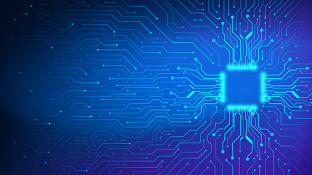 Futuristic glowing processor chip with neon circuit board on dark blue and purple gradient...