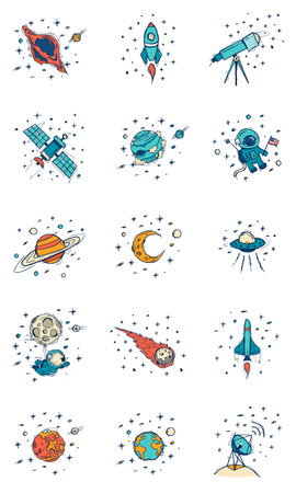 Set of 15 hand-drawn retro color space doodle icons in navy, teal and orange palette. Includes...