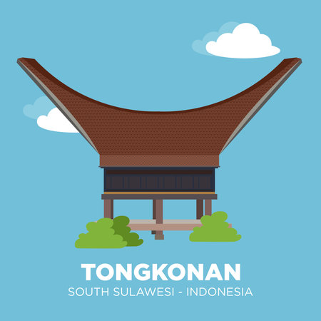 Tongkonan is the traditional ancestral house, or Rumah adat of the Torajan people, in South Sulawesi, Indonesia. Tongkonan have a distinguishing boat-shaped and oversized saddleback roof.のイラスト素材