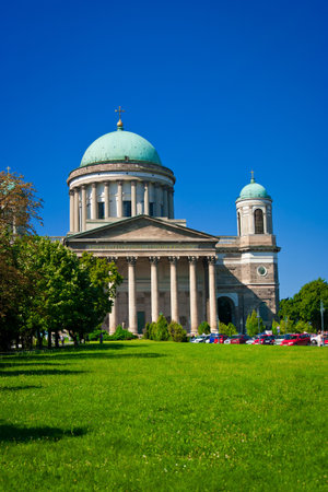 View of the Basilica in Esztergom with lawn. Summer sunny day.の写真素材