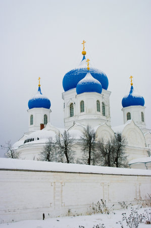 Holy-Bogolyubian Nunnery in Bogolubovo, Russia. Winter landscape.