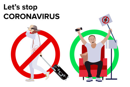 Stop traveling and stay home concept. Warning poster. Stop sign. Stop pandemic concept. Vector illustration.のイラスト素材