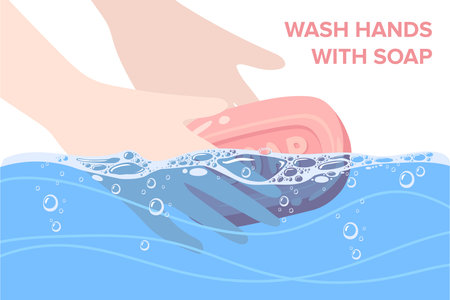 Washing hands with sanitizer soap and water, vector illustration.のイラスト素材