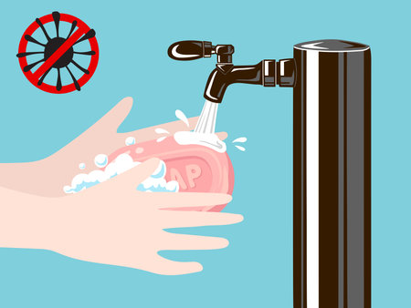Washing hands with sanitizer soap and water, vector illustration.のイラスト素材