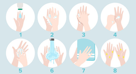 8 steps to properly wash your hands. Flat design modern vector illustration concept.のイラスト素材