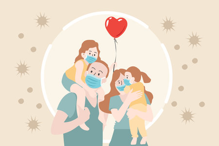 Family wearing protective Medical mask for prevent virus. Vector Illustrationのイラスト素材