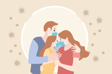 Family wearing protective Medical mask for prevent virus. Vector Illustrationのイラスト素材