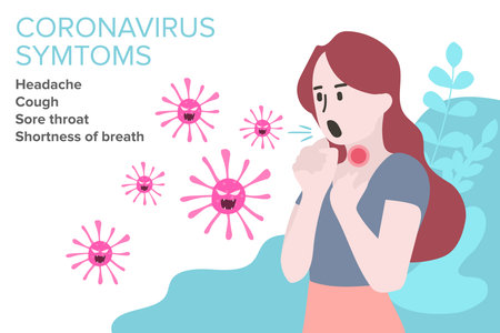 Sign Infographic with Cartoon has Cough, Fever, Sore Throat and Cold in Coronavirus or Covid-19 Outbreak.のイラスト素材