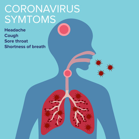 Sign Infographic with Cartoon has Cough, Fever, Sore Throat and Cold in Coronavirus or Covid-19 Outbreak. Healthy lungs and disease lungs. Vector Illustration.のイラスト素材