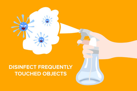 Antibacterial concept. Antiseptic spray in flask kills bacteria. Detergent and disinfectant. Vector illustrationのイラスト素材