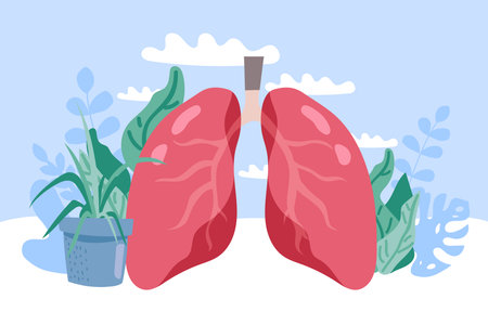 Sign Infographic with Cartoon has Cough, Fever, Sore Throat and Cold in Coronavirus or Covid-19 Outbreak. Healthy lungs and disease lungs. Vector Illustration.のイラスト素材