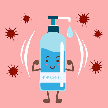 Hand wash gel vector. Hand wash gel character design. Hand wash gel and Bacteria vector.のイラスト素材